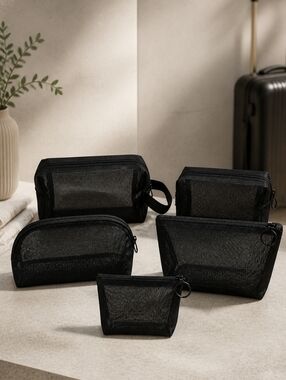 Black Mesh Travel Cosmetic Bag Set - 5 Piece